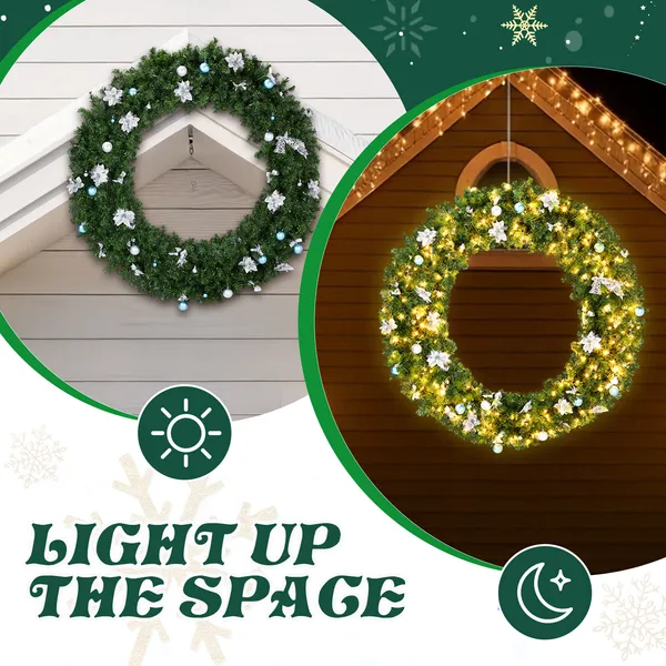 48in Pre-lit Christmas Wreath, Lighted Artificial Xmas Wreath With 150 Cold & Warm White Lights And 450 PVC Tips And DIY Ornaments, For Front Door Gate Wall Xmas Party Decorations, Light Green — foto 4