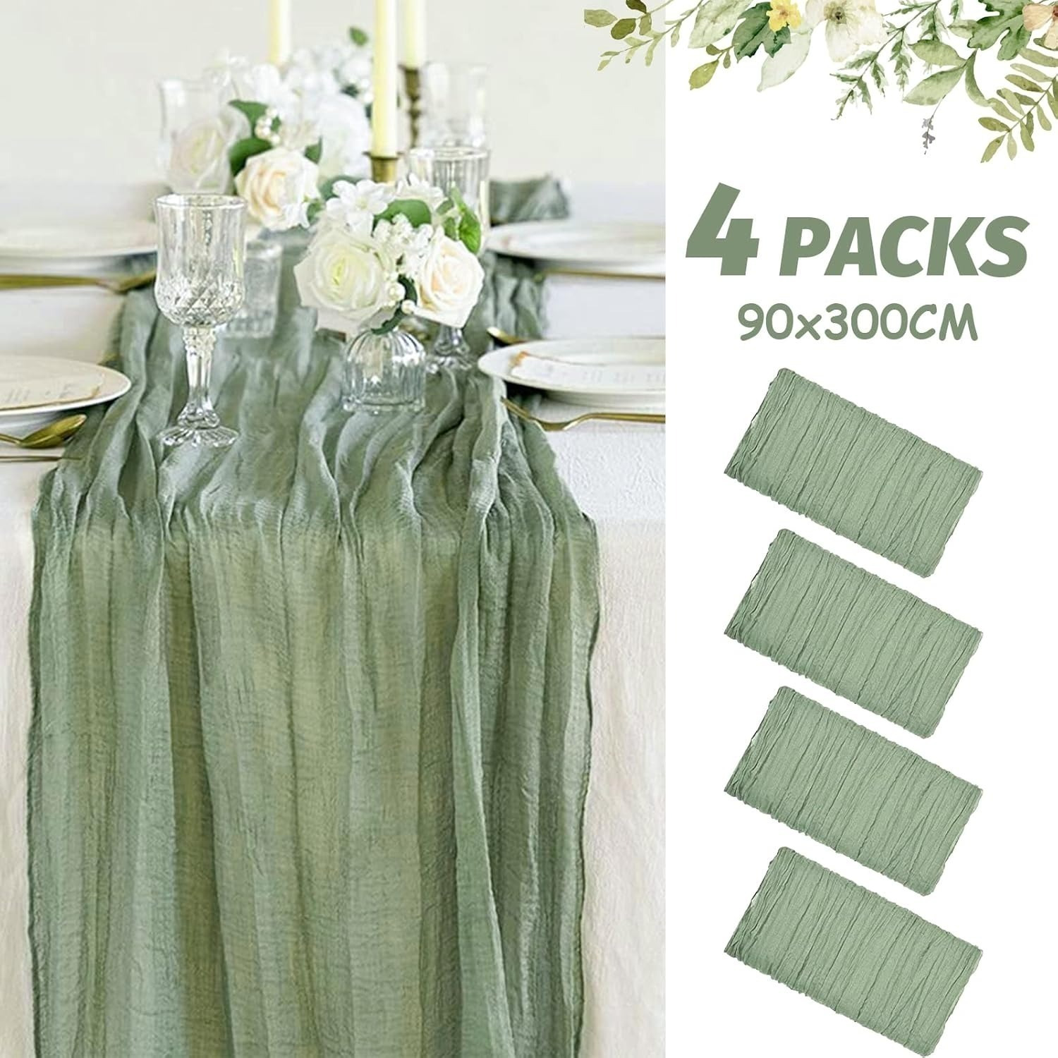 4er Set Tischläufer, 90 x 300 cm, Salbeigrün – Crinkle-Stoff für Tische, Hochzeiten, Partys - Thumbnail 3
