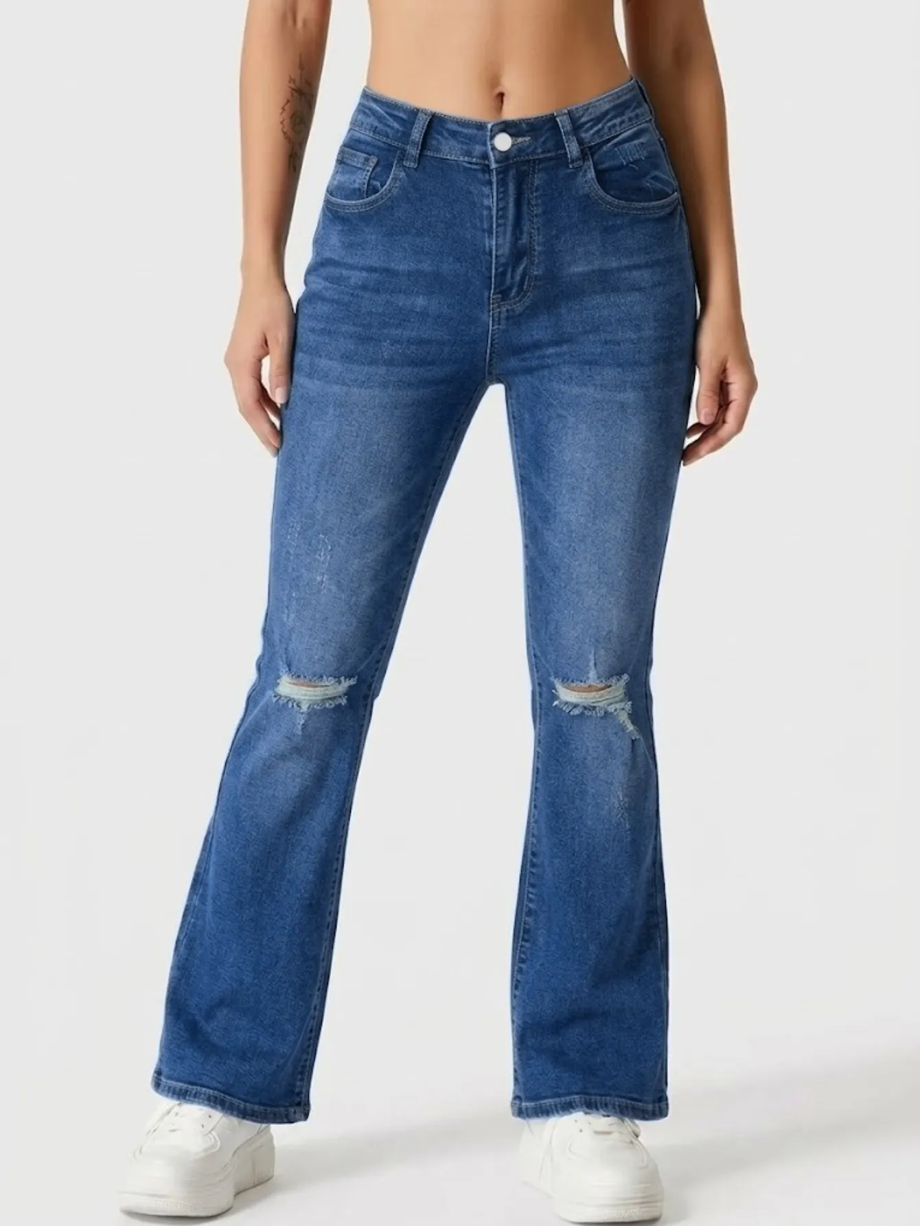 Women High Waist Knee Ripped Washed Flare