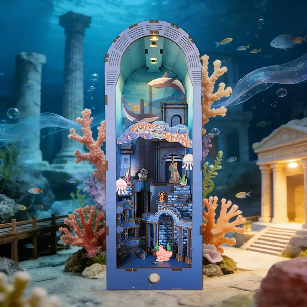 3d Wooden Puzzle For Adults Atlantis Book Nook With Lights Model Kit Dollhouse DIY Miniature House Birthday And Christmas Gifts 4