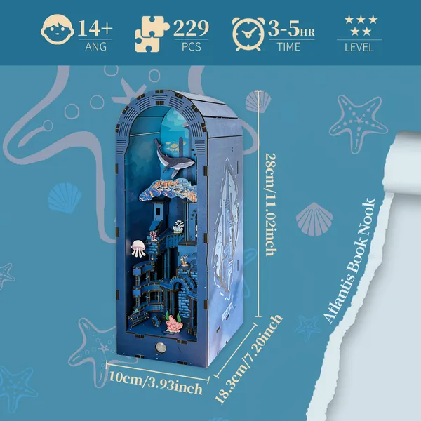 3d Wooden Puzzle For Adults Atlantis Book Nook With Lights Model Kit Dollhouse DIY Miniature House Birthday And Christmas Gifts 3