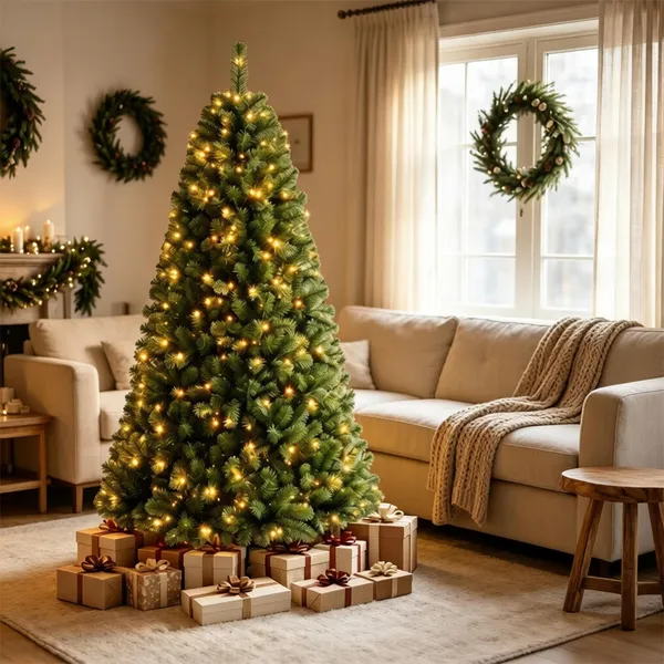 6 FT Pre-Lit Artificial Christmas Tree With 350 Dual Color LED Lights, 845 Branch Tips Hinged PVC Xmas Tree With Remote Timer 9 Lighting Modes Foldable Metal Stand For Indoor Holiday Decor — foto 2