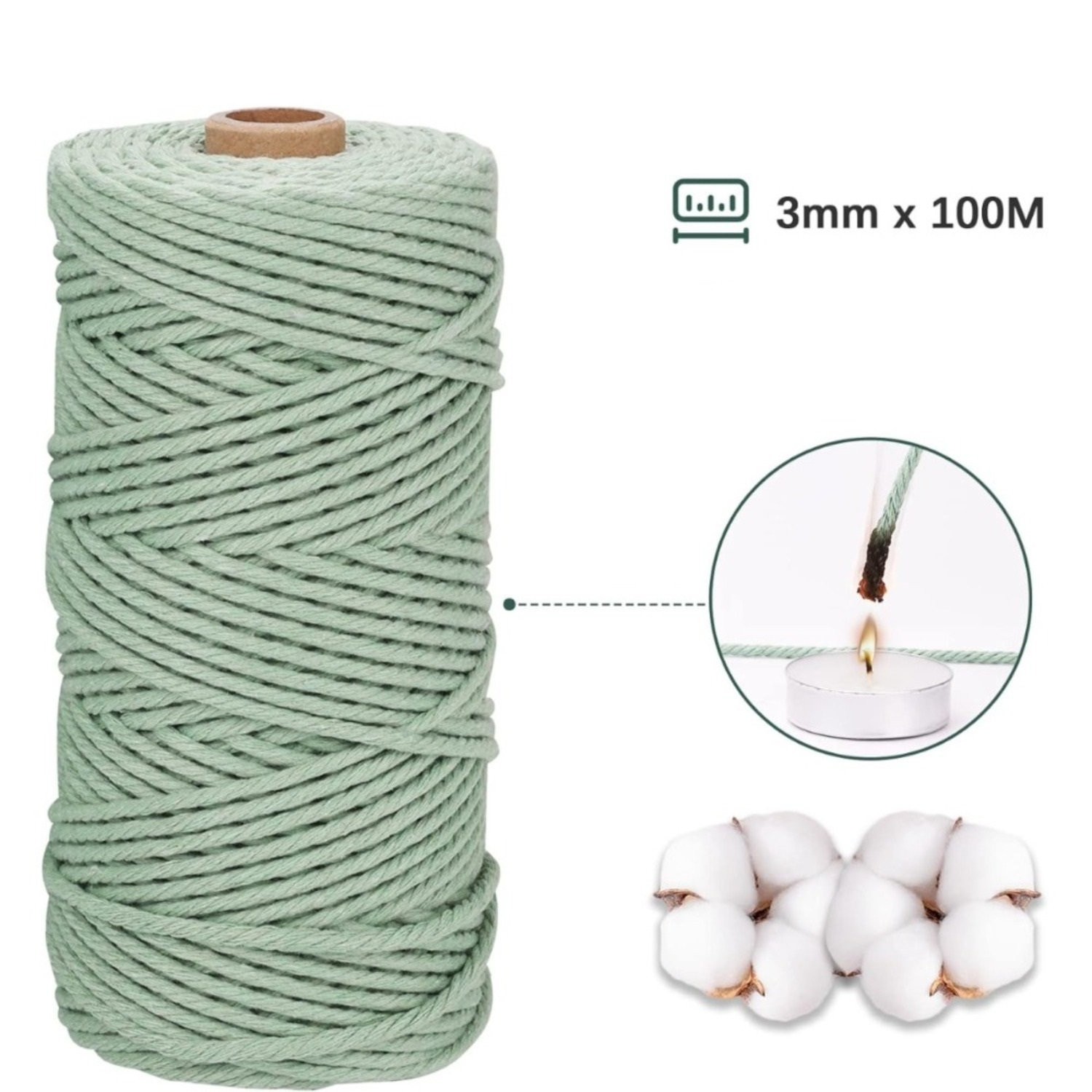 6er Set Baumwollkordeln zum Basteln, 3 mm x 100 m pro Rolle, 3 Farben – Für Makramee - Thumbnail 5