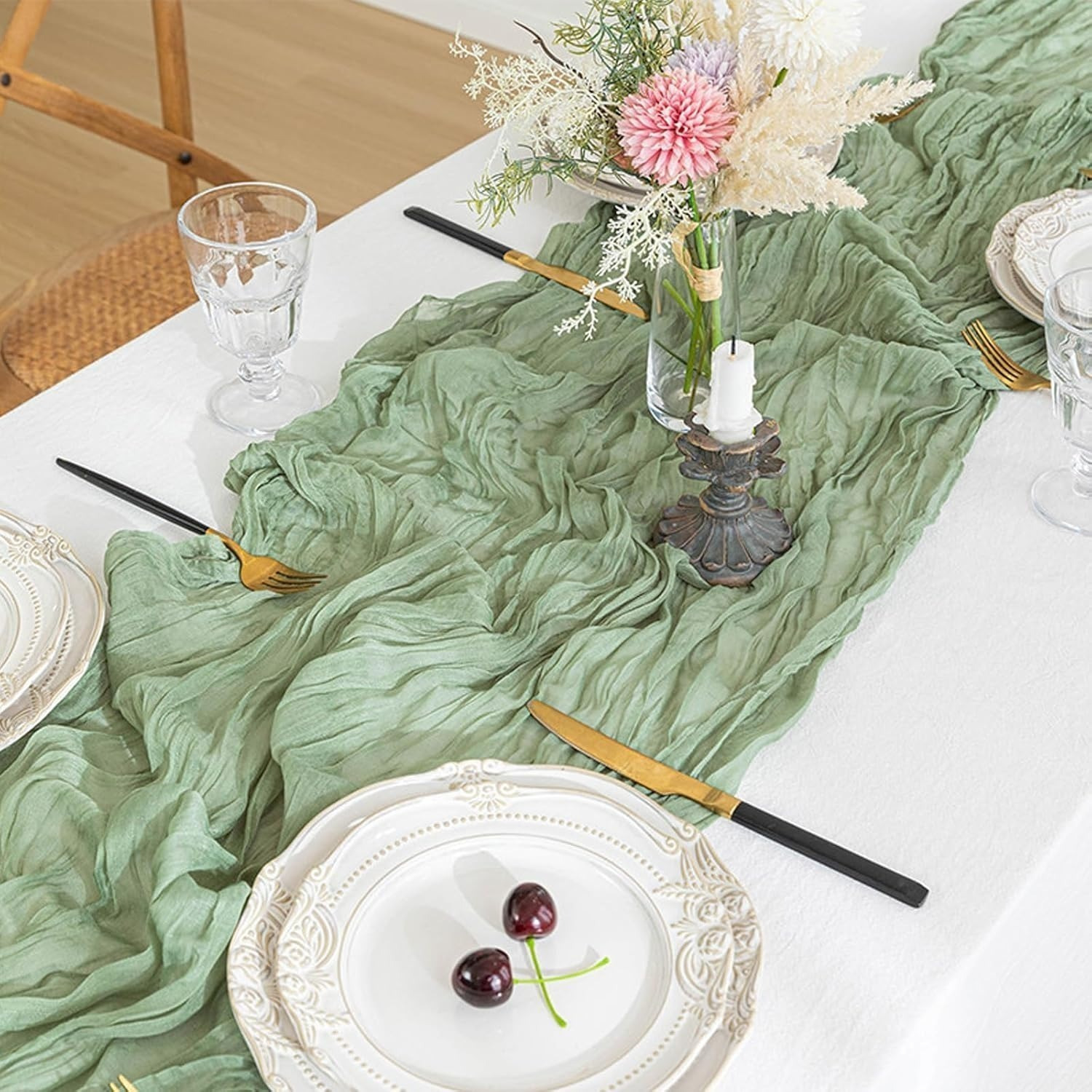 4er Set Tischläufer, 90 x 300 cm, Salbeigrün – Crinkle-Stoff für Tische, Hochzeiten, Partys - Thumbnail 2