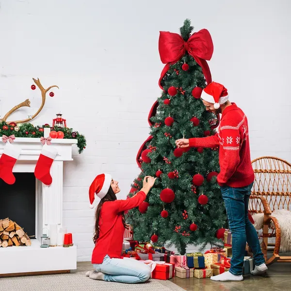 7.5 FT Artificial Christmas Tree With DIY 300 Warm White LED Lights, Hinged Xmas Pine Tree With Giant Bowknot And Red Ball Ornaments For Holiday Party Office Home, Dark Green Tree & Red Decor
