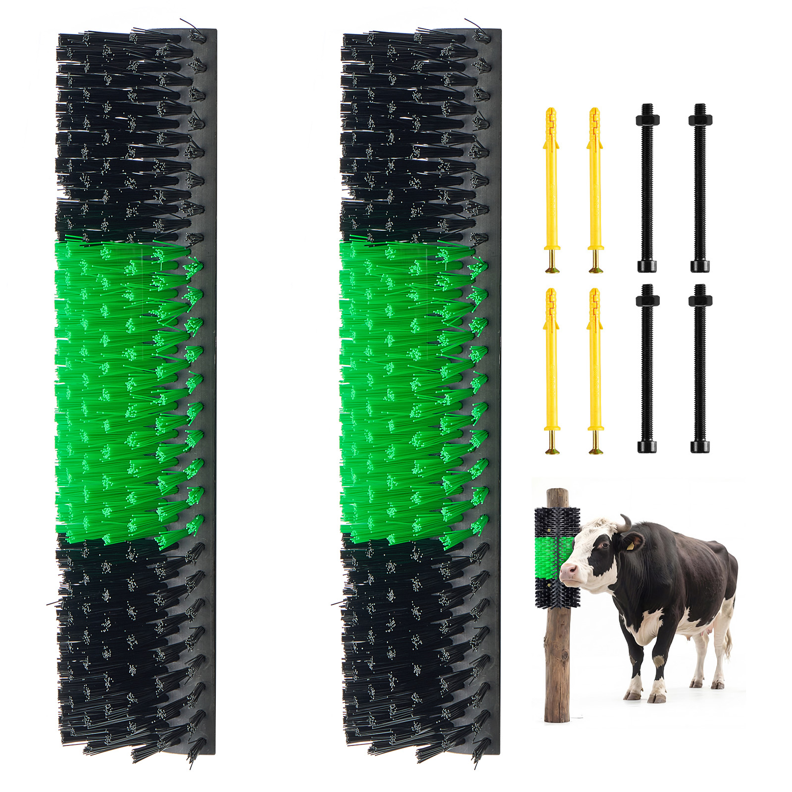 Livestock Scratching Brush, 2PCS Goat Scratcher Brush Post With 8 Screws, 16.9" X 7.5" Cow Scratcher For Back Itch Relief, Massage Grooming Scratch Tool For Horse Cattle Sheep Pig, Green & Black