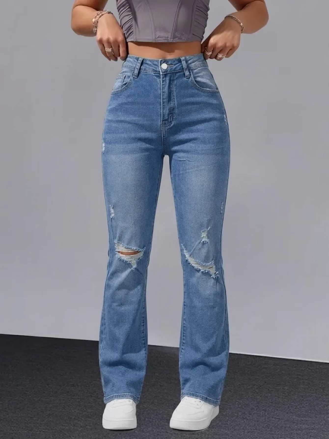 Women Distressed Cuffed Straight Leg Cropped Denim