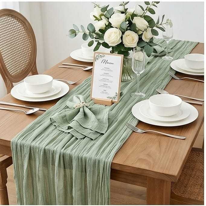 4er Set Tischläufer, 90 x 300 cm, Salbeigrün – Crinkle-Stoff für Tische, Hochzeiten, Partys - Thumbnail 4