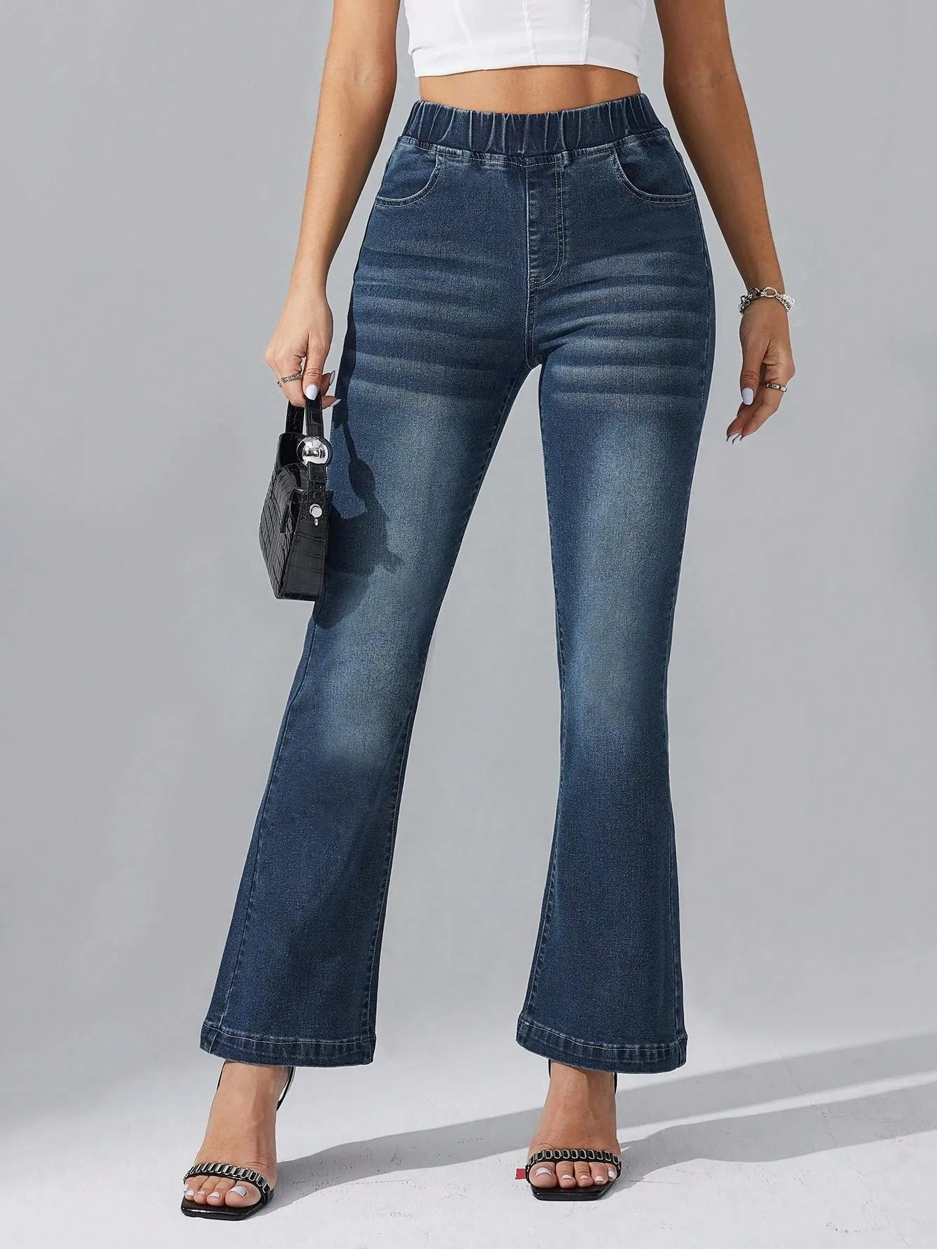 Women Elastic High Waist Flare Denim Jeans