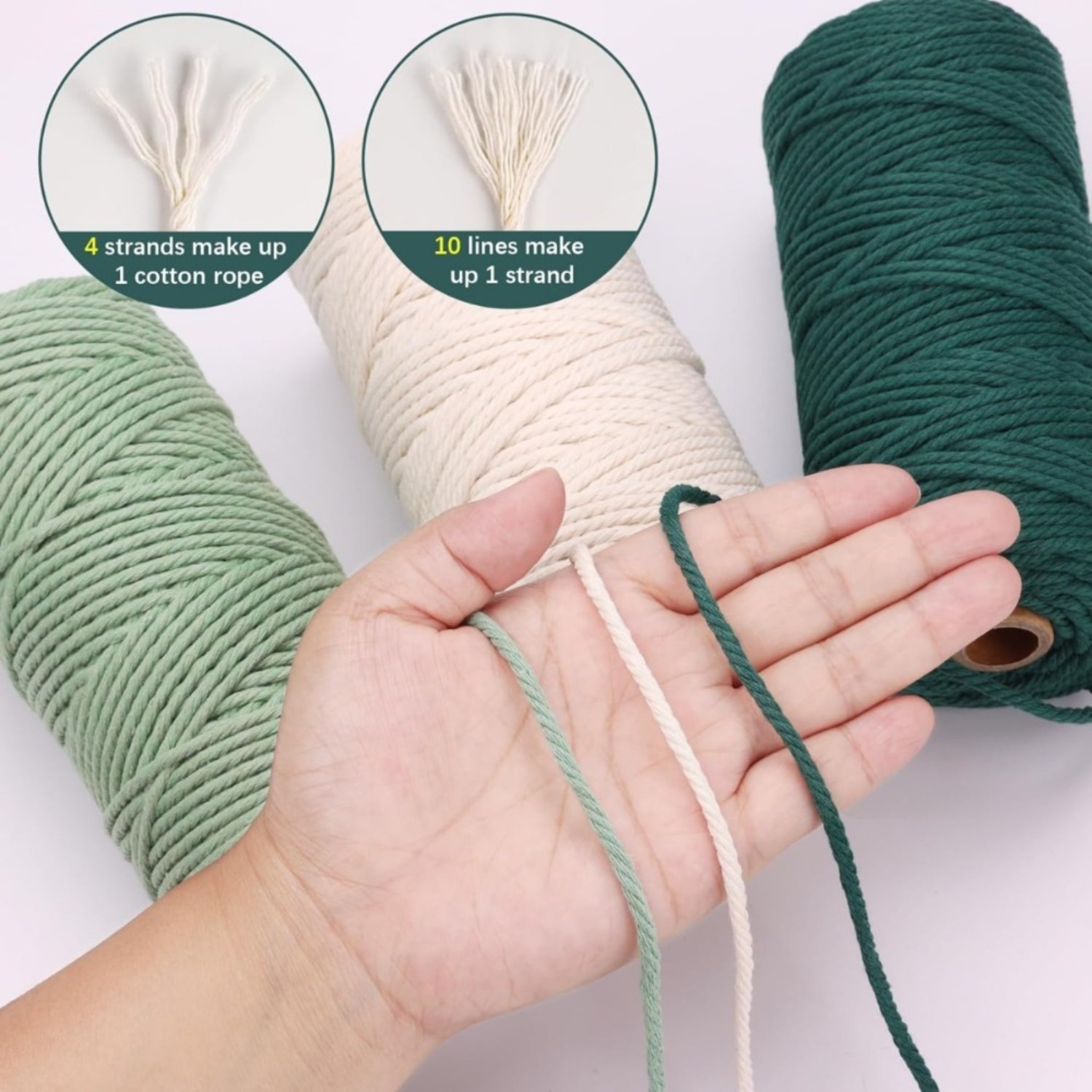 6er Set Baumwollkordeln zum Basteln, 3 mm x 100 m pro Rolle, 3 Farben – Für Makramee - Thumbnail 3