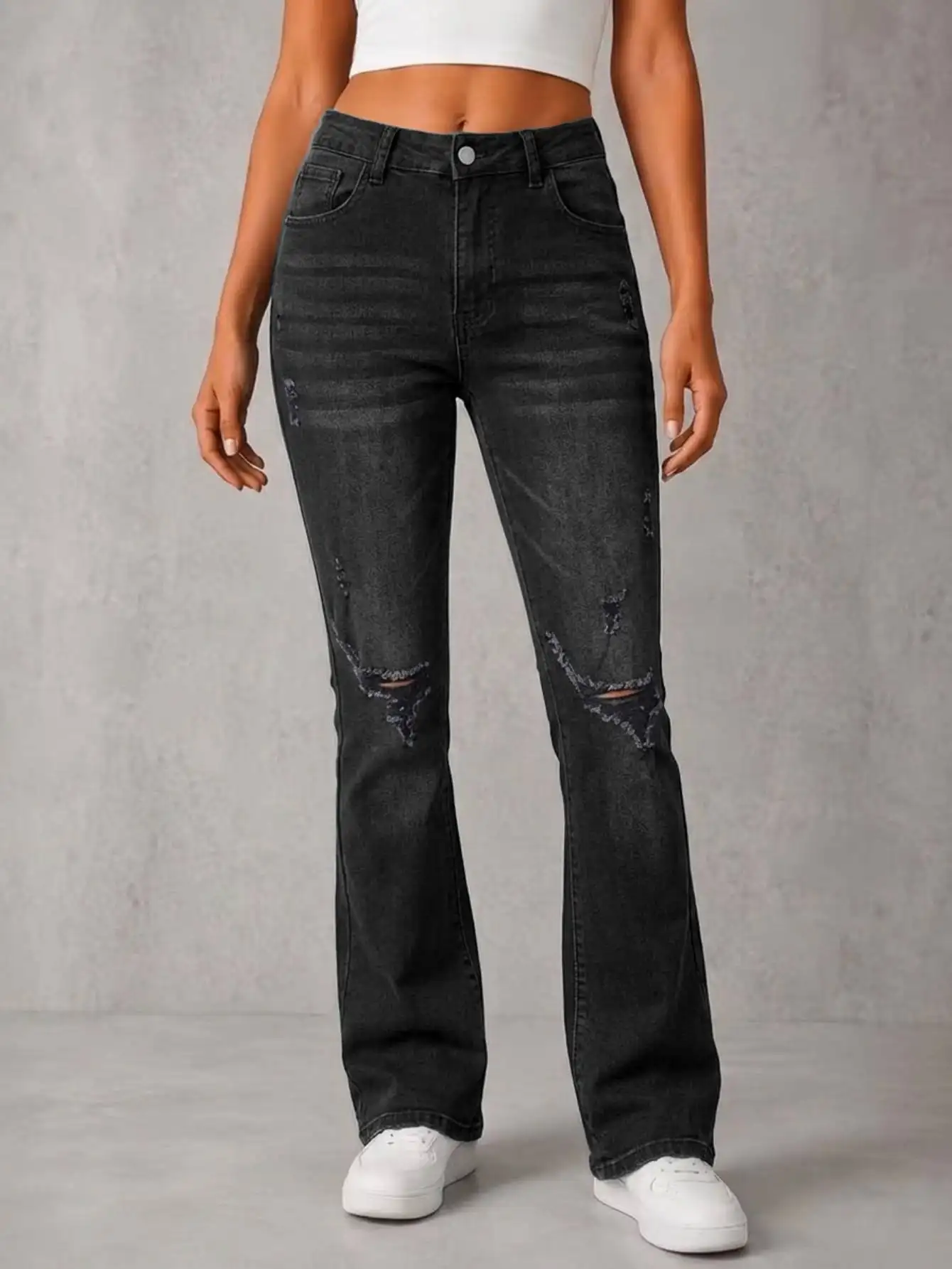 High Waist Black Washed Ripped Flare Jeans