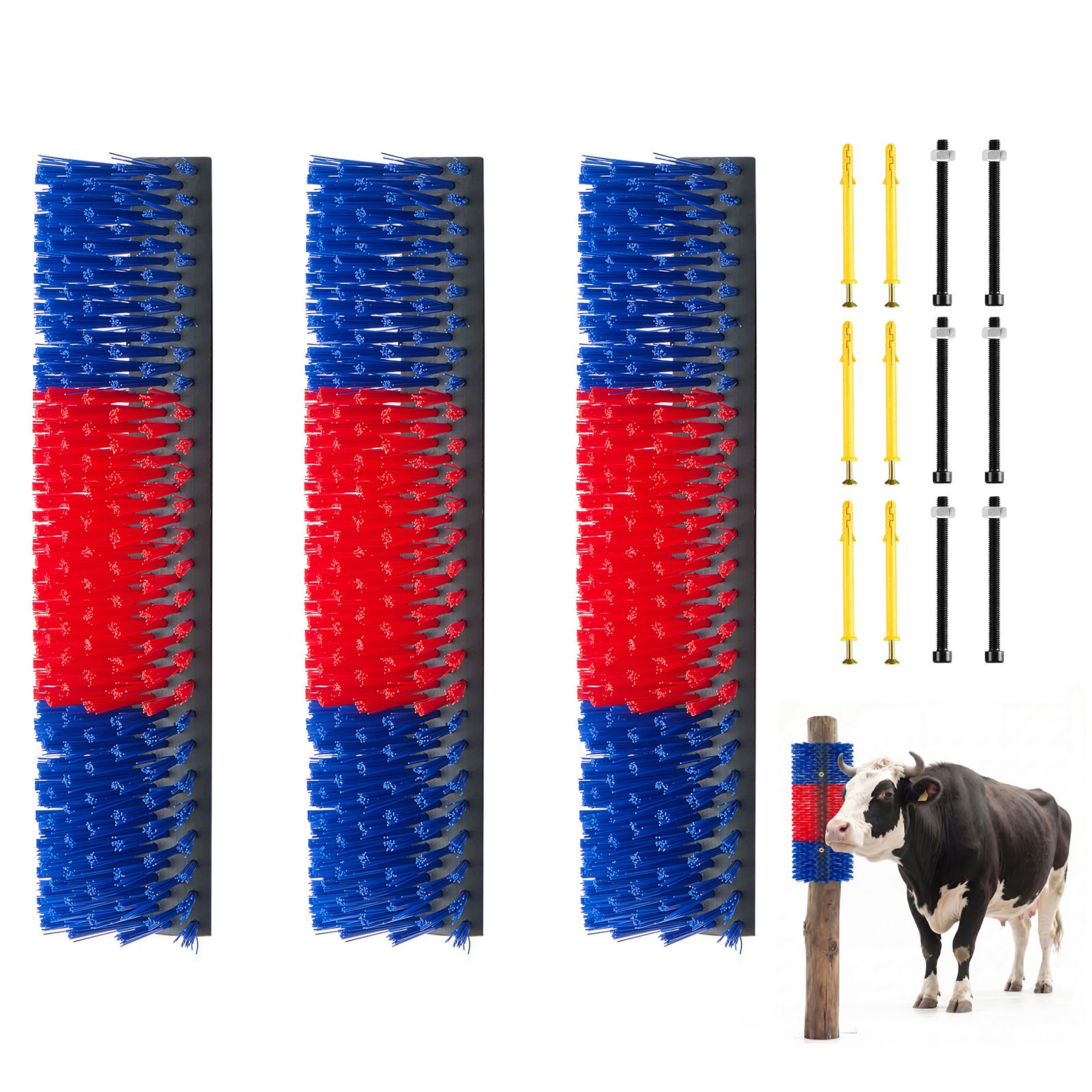 Livestock Scratching Brush, 3PCS Goat Scratcher Brush Post With 12 Screws, 16.9" X 7.5" Cow Scratcher For Back Itch Relief, Massage Grooming Scratch Tool For Horse Cattle Sheep Pig, Blue & Red