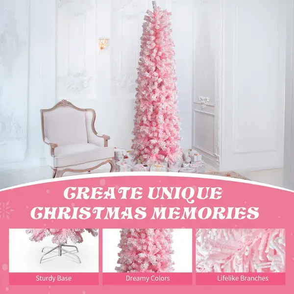 7.5 FT Snow Flocked Hinged Christmas Tree, Artificial Pencil Christmas Tree, Unlit Artificial Christmas Pine Tree With 641 Branch Tips And Sturdy Stand, Pink