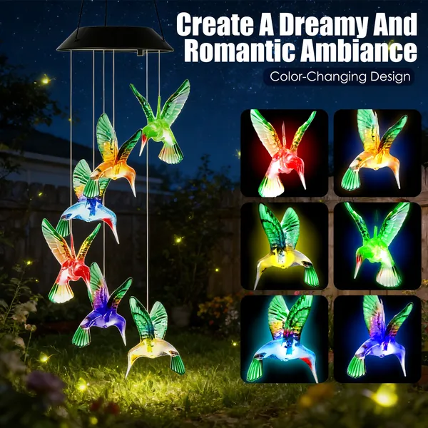 2PCS Hummingbird Solar Wind Chimes With Color Changing LED Lights, Waterproof Solar Powered Wind Chime For Outdoor Garden Patio Balcony Porch Home Decor, Ideal Gift For Mom Women Christmas