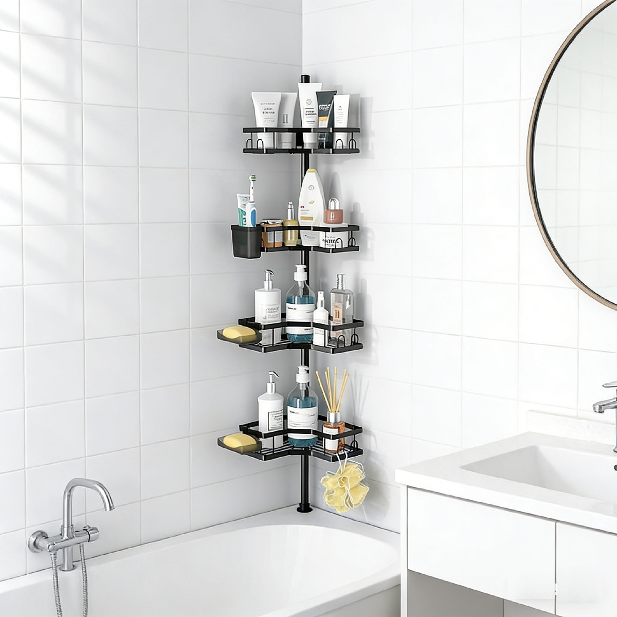 Telescopic Shower Shelf (No Drilling Required), 4-Layer Black For Bathroom Storage – Party Accessories Set product image