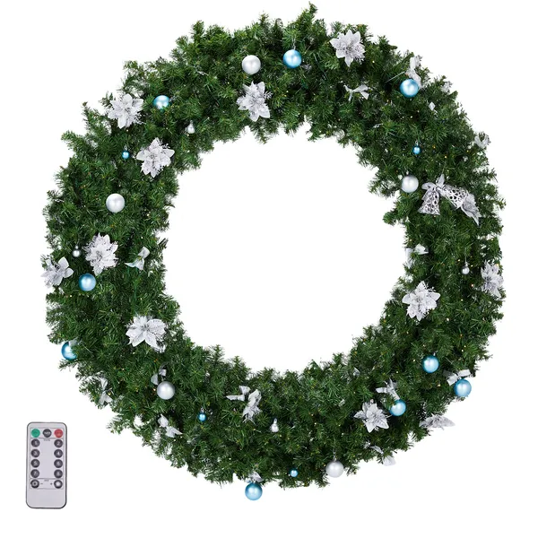 48in Pre-lit Christmas Wreath, Lighted Artificial Xmas Wreath With 150 Cold & Warm White Lights And 450 PVC Tips And DIY Ornaments, For Front Door Gate Wall Xmas Party Decorations, Light Green — foto 3