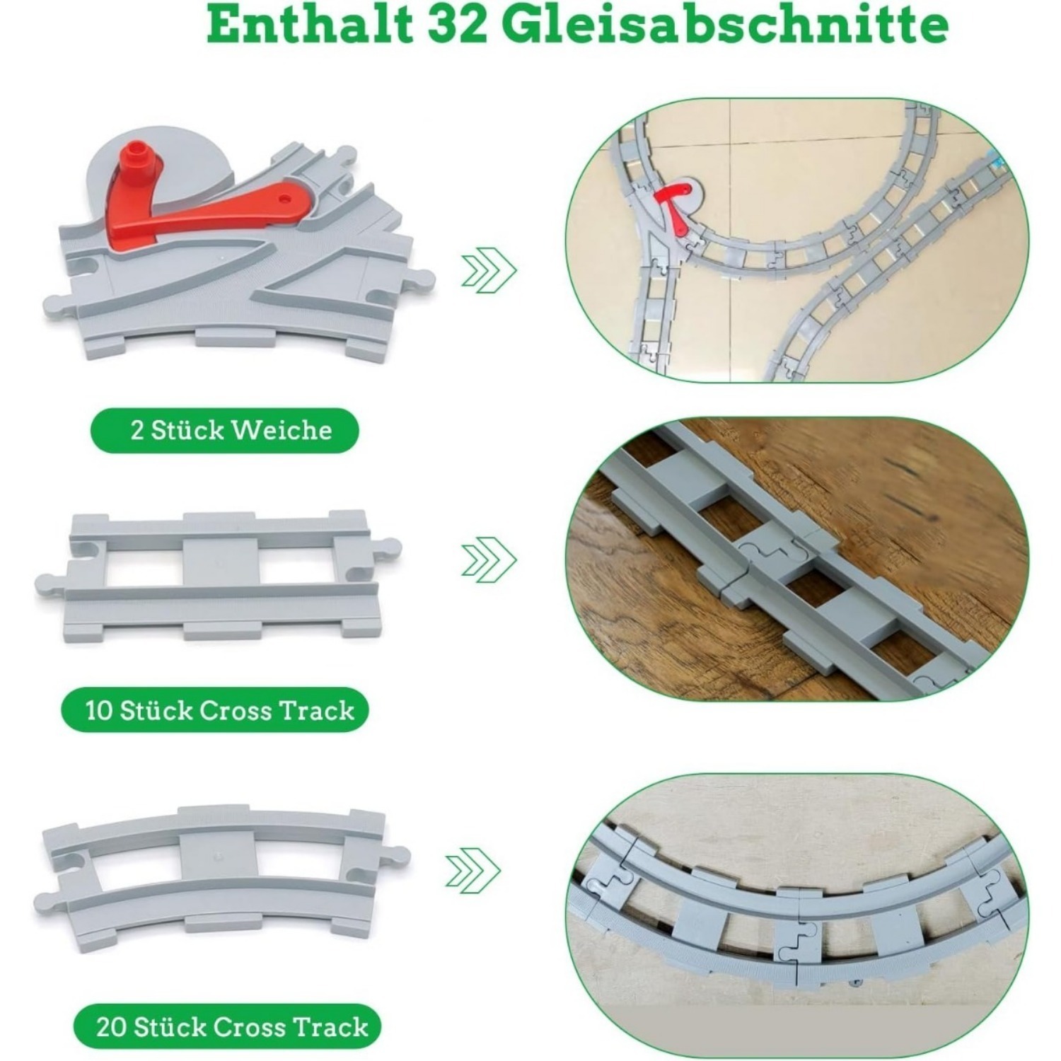 Baustein Eisenbahn Schienen Set – 32-teilige Stadterweiterung, kompatibel mit Marktführer - Thumbnail 5