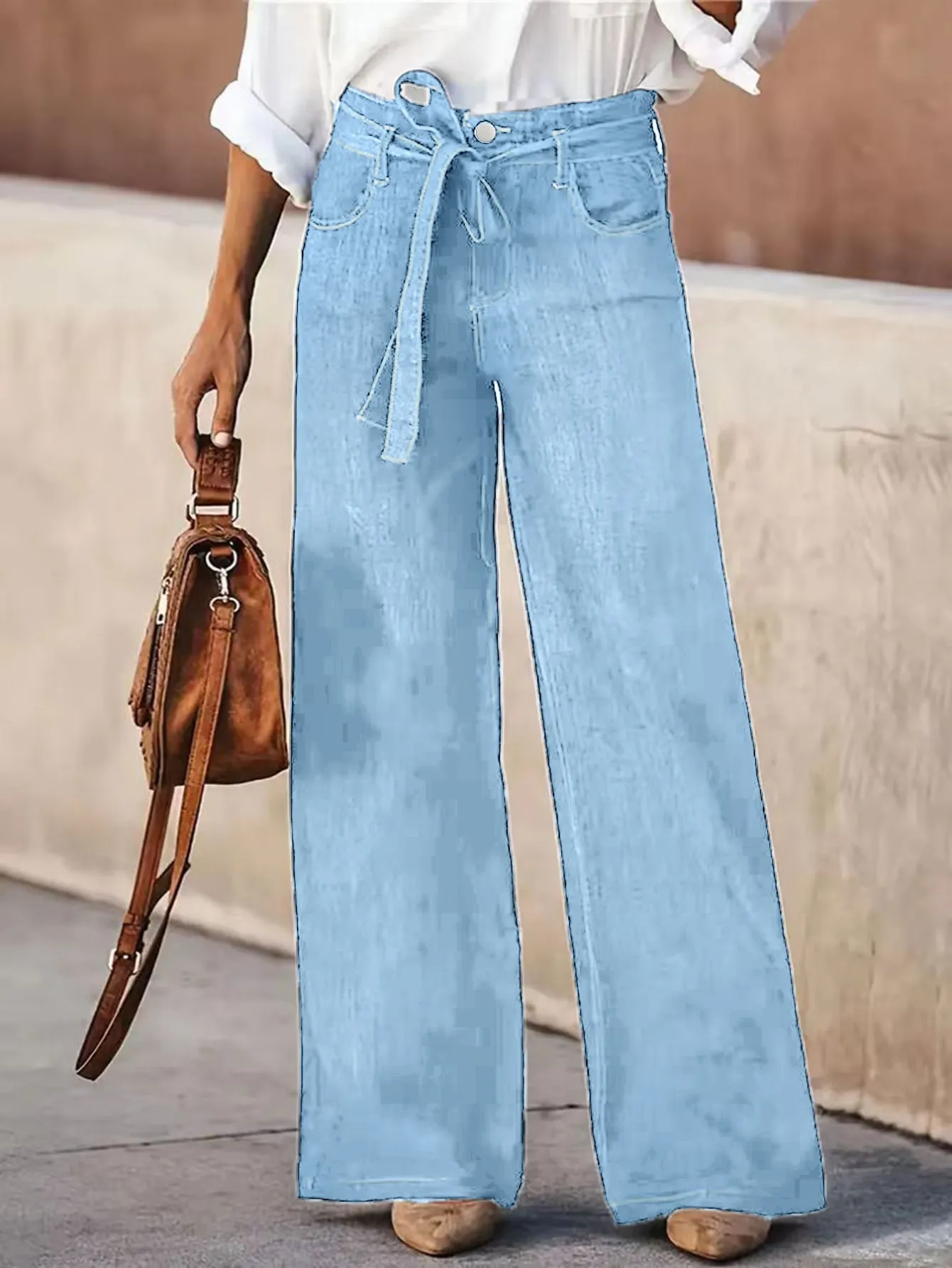 Women Light Blue High Waist Tie Belt