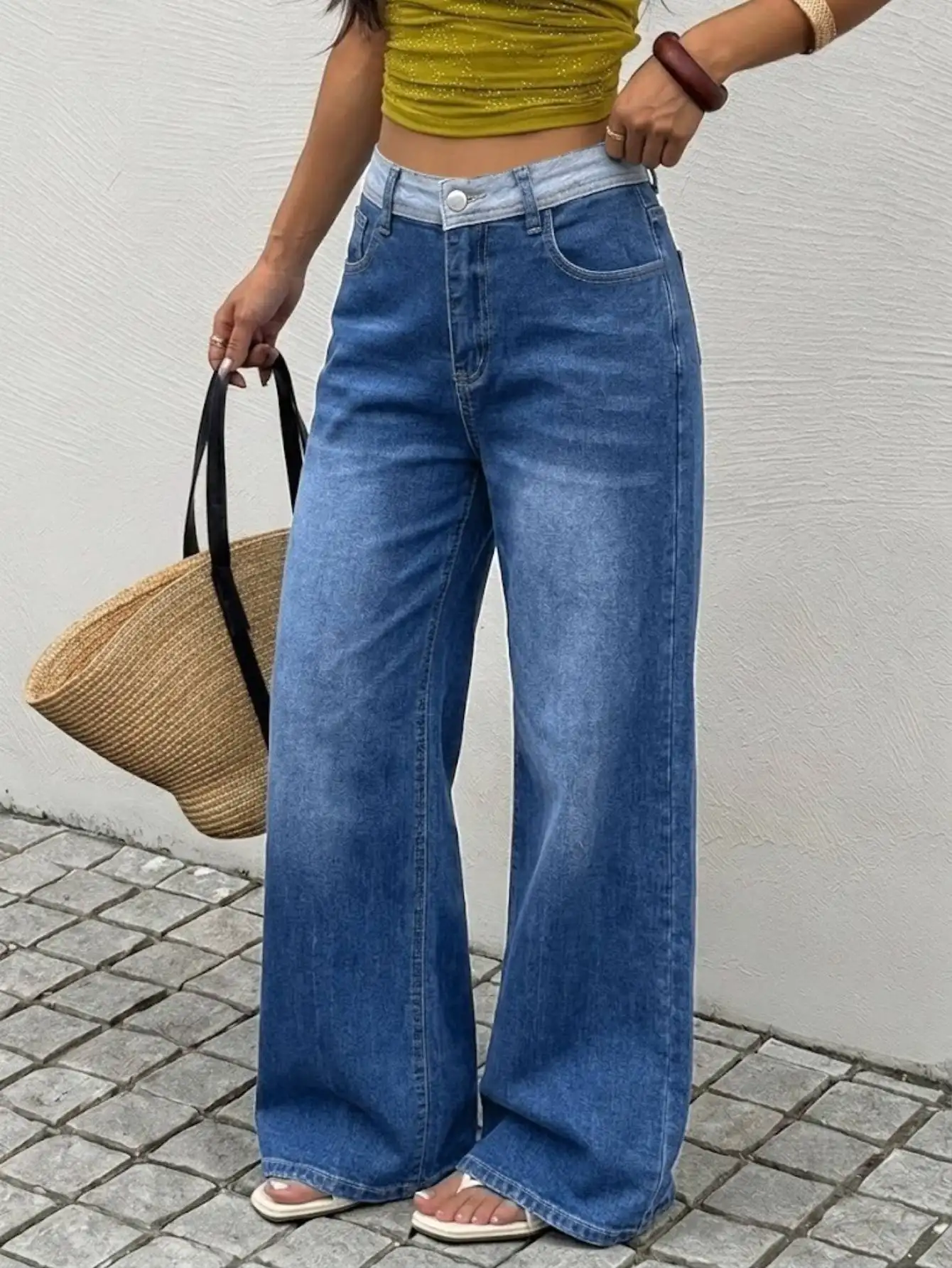 Women Contrast Waistband High Waist Denim Jeans