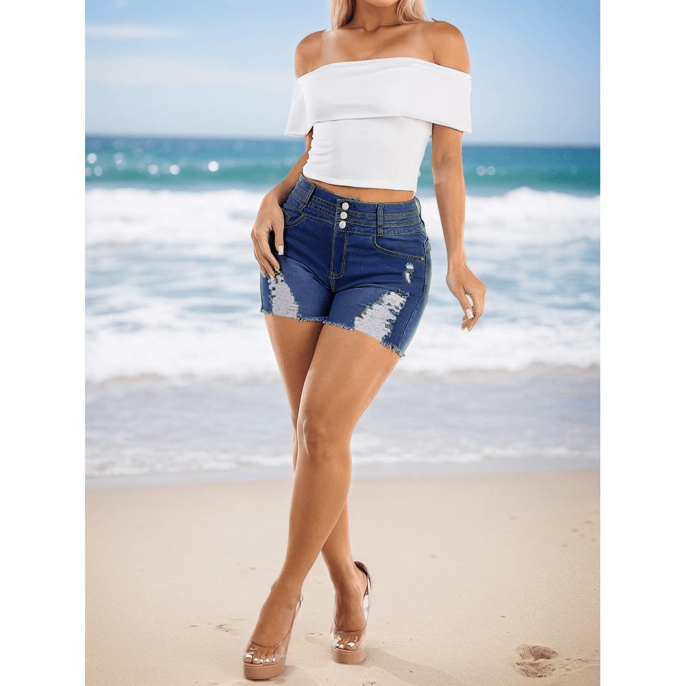 Women’s High Waist Ripped Denim Shorts Dark Blue Frayed Hem Distressed Jeans