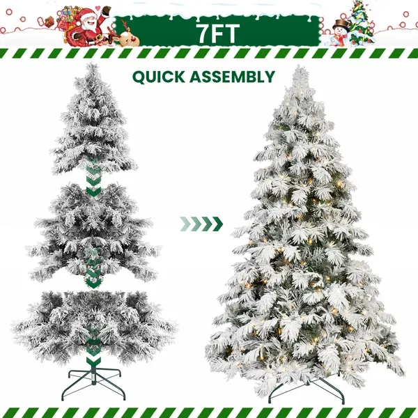 Artificial 7ft Flock LED-lit Christmas Tree With 890PE/PVC Mixed Branch Tips,Hinged Premium & Foldable Base For Indoor Holiday Decorating