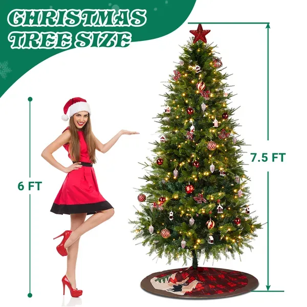 7.5 FT Artificial Christmas Tree With DIY 400 Warm White LED Lights, Hinged Xmas Pine Tree With Tree Skirt And Holiday Ornaments For Holiday Party Office Home, Green Tree & Red Decor
