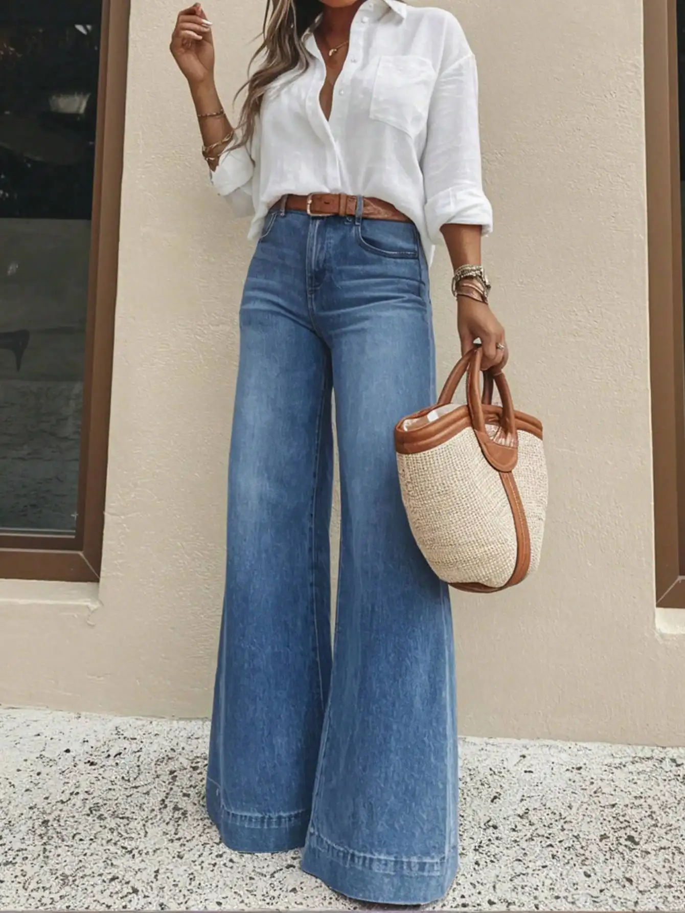 Classic Medium Blue Washed Wide Leg Denim