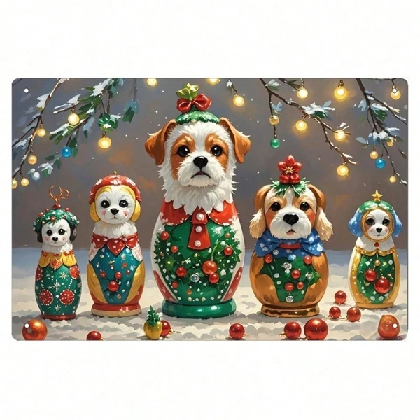 CIFbuy Christmas Eve Puppy Russian Nesting Dolls Tin Sign, 8x12 Inch Vintage Metal Wall Art, Unframed Charming Decor For Bathroom Cafe IkTok, IkTok, Self-, Ckup Logiopfe