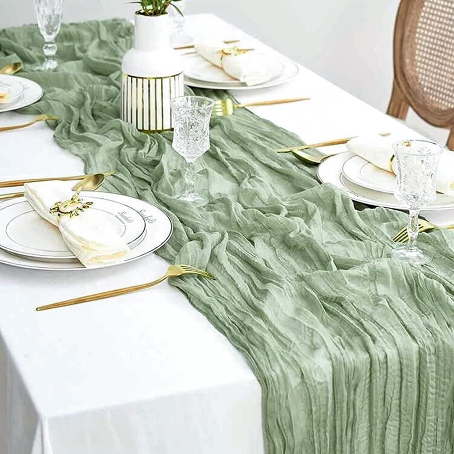 4er Set Tischläufer, 90 x 300 cm, Salbeigrün – Crinkle-Stoff für Tische, Hochzeiten, Partys - Thumbnail 5
