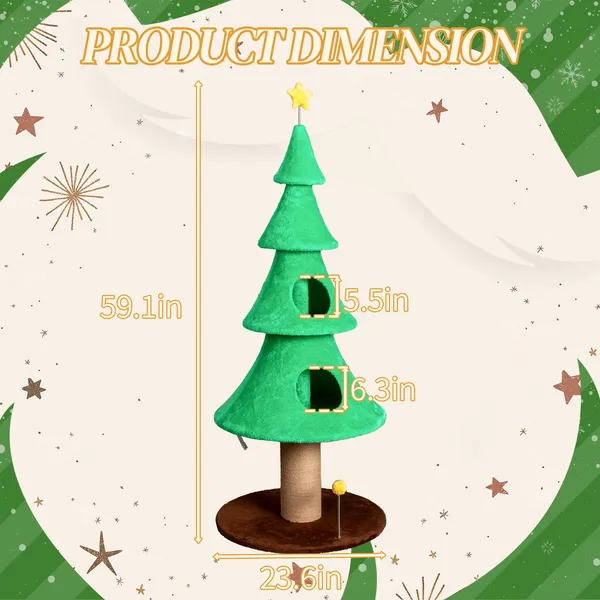 59in Large Tall Christmas Tree Cat Tower With 2 Cat Condos & Scratching Post, Soft Fleece Cat Tree With Teaser Toy &… - 5