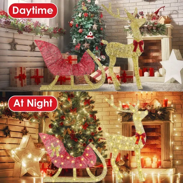 8 Modes Lighted Christmas Reindeer & Sleigh - 16.97ft Warm Yellow LED String Decoration, Sturdy Rustproof Iron Frame, Reusable Indoor Outdoor Decor For Yard Porch Living Room Party