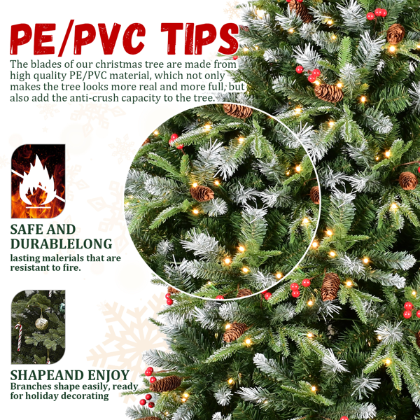 Artificial 5ft Green LED-lit Christmas Tree With 1113PE/PVC Mixed Branch Tips,Red Fruit And Pine Cone,Hinged Premium & Foldable Base For Indoor Holiday Decorating