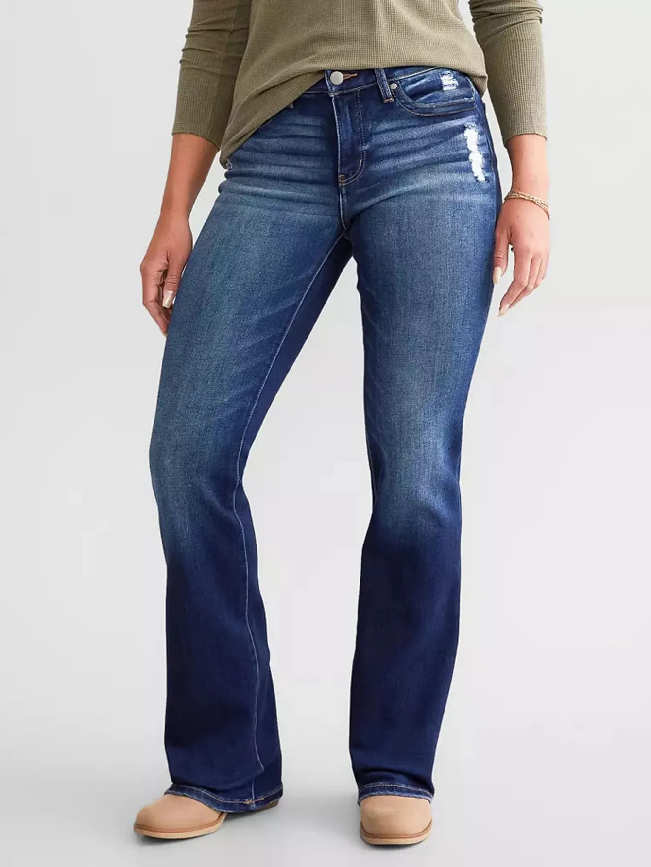Women Washed Distressed Flare Denim Jeans Stretch