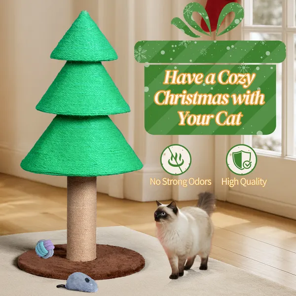31.5in Christmas Tree Cat Scratcher, Cat Scratching Post For Indoor Cats, Large Sisal Cat Scratching Tree Cat Scratch Tower, Green