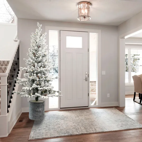 Artificial 4.5ft Decorated Flocking Basin Tree With 720 PE/PVC Mixed Branch Tips, Pine Cone *19, 150L Wram White Light, Holiday Decorating