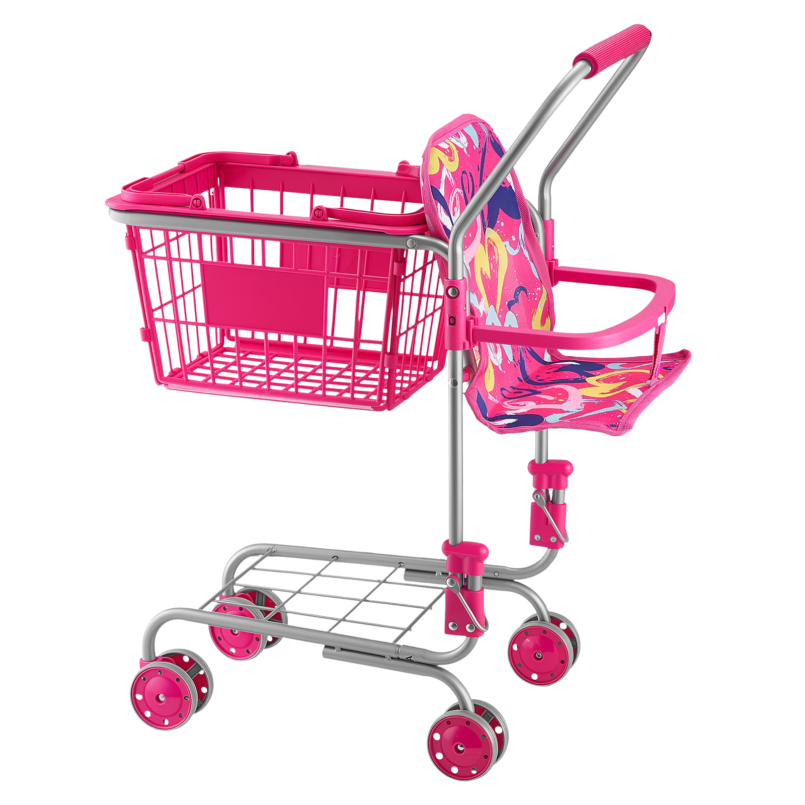 Shopping Cart For Kids, Sturdy Metal Frame, Toy Shopping Cart With Baby Doll, 4 Rolling Wheels, Doll Seat Carrier, Grocery Pretend Play Toy Trolley, Folds For Easy Storage, For Tod