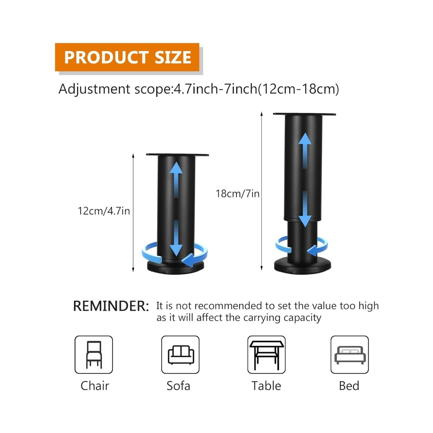 4 X Height-Adjustable Furniture Feet, Black, 12–18 Cm Furniture Legs, Cabinet Feet For Cabinets, Dressers, Sofas, Tables, And Beds—Cabinet Feet For Sofa Feet, Bed Feet, And Sofa Feet 2