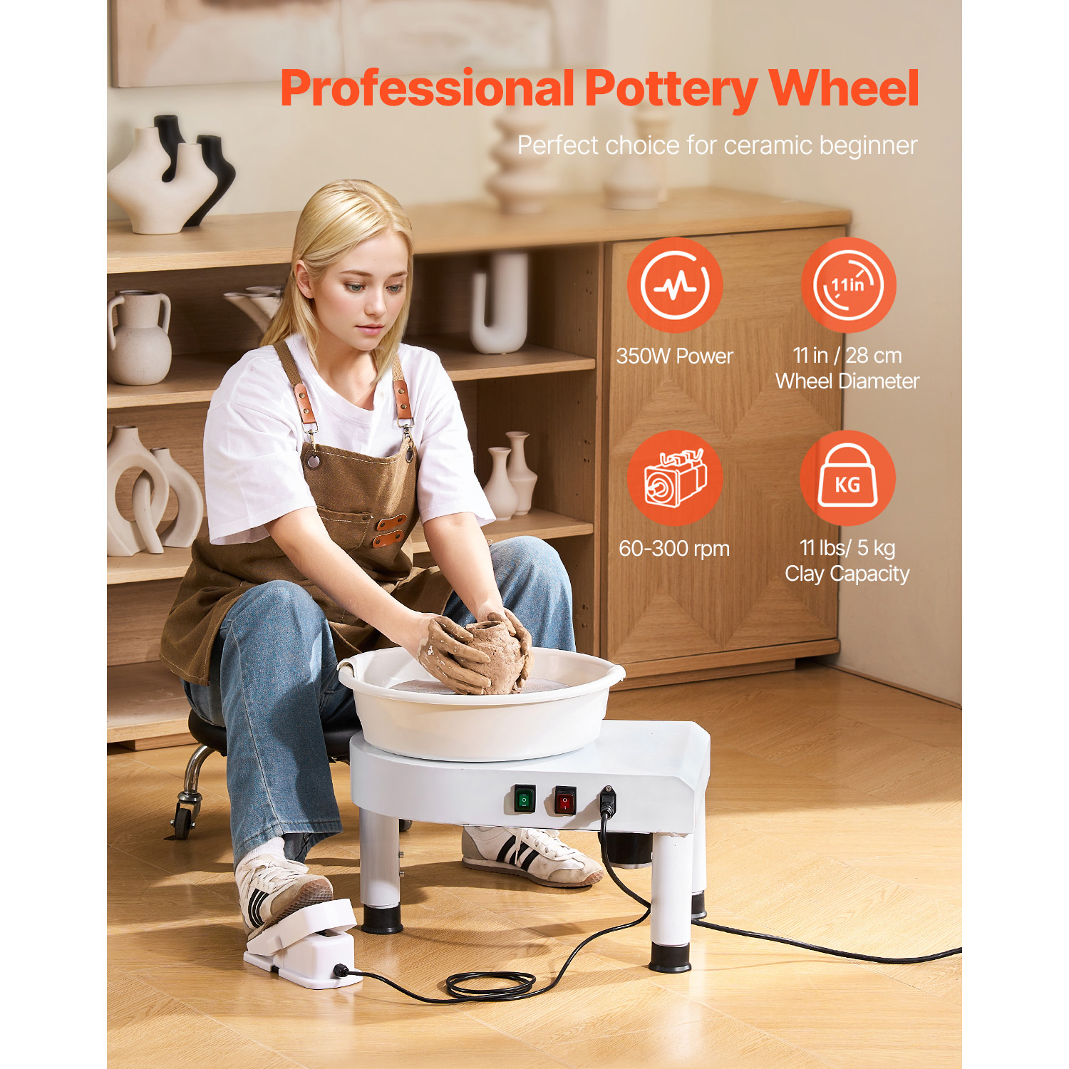 Pottery Wheel, 11 In Ceramic Wheel Forming Machine, 60-300 RPM Adjustable Speed With Foot Pedal Control, Detachable Basin, Adjustable Lift Leg, Complete Accessories For Home Pottery, DIY, White image 2