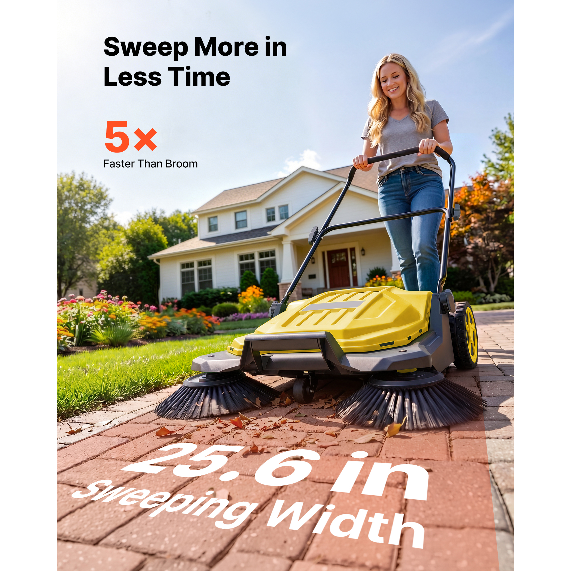 Walk-Behind Hand Push Floor Sweeper, Manual Floor Sweeper Non-Electric With 25.6" Sweeping Width, 5 Gallons Waste… - 4