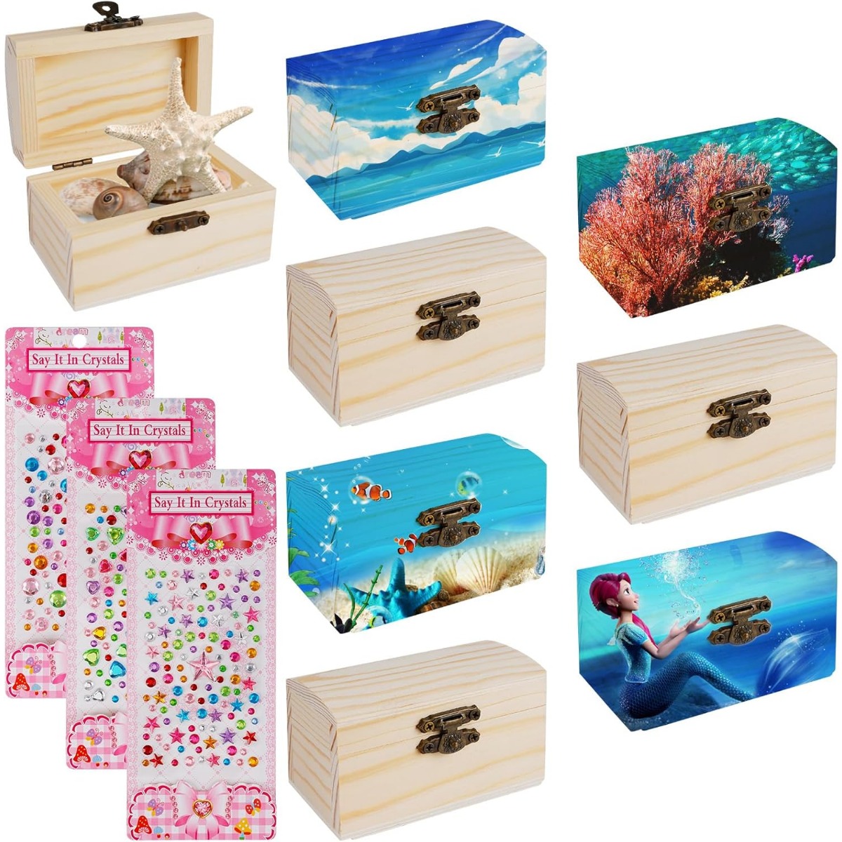 8-Piece Mini Wooden Treasure Chest Set With Lid, 9 X 5.5 X 5.2 Cm Wooden Box For Painting With Diamond Stickers, Small Wooden Box With Lid For Crafts, Birthday, Ocean, Pirate Party, DIY, Card Boxes