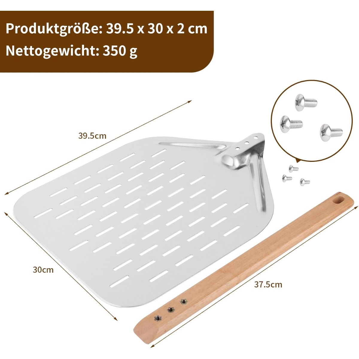 Kurzer Edelstahl Pizzaschieber mit Holzgriff und Lochmuster, 74 cm – Ideal für Pizza-Partys und Servieren - Thumbnail 5