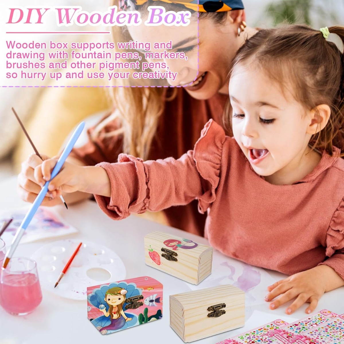 8-Piece Mini Wooden Treasure Chest Set With Lid, 9 X 5.5 X 5.2 Cm Wooden Box For Painting With Diamond Stickers, Small Wooden Box With Lid For Crafts, Birthday, Ocean, Pirate Party, DIY, Card Boxes 4