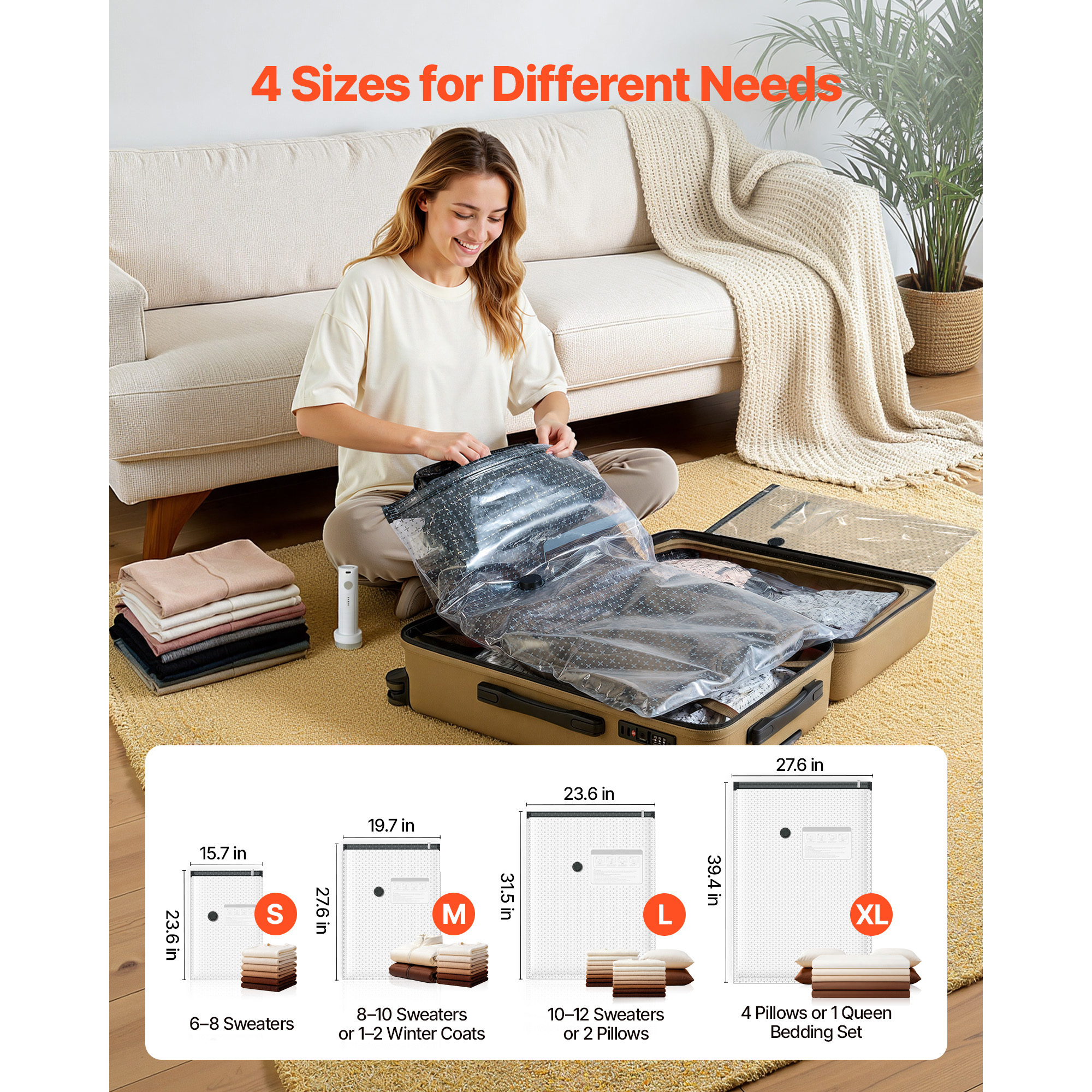 Vacuum Storage Bags, 26 Pack Space Saver Vacuum Seal Bags For Clothing, With Pump And Charging Cable, Double Zipper Seal, Thickened PA And PE, Compression For Clothes Storage, Travel Luggage image 2