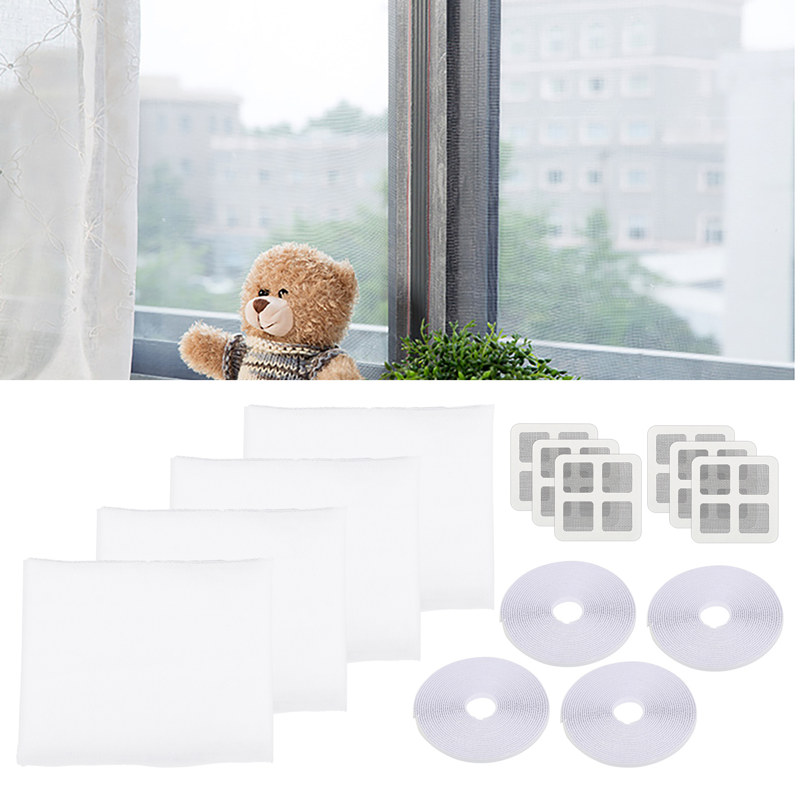 4-Piece Window Mosquito Screen Set With 1 Roll Of Velcro Tape & 2 Packs Of Mosquito Screen Repair Patches (3 Pieces/pack), Summer Insect Protection