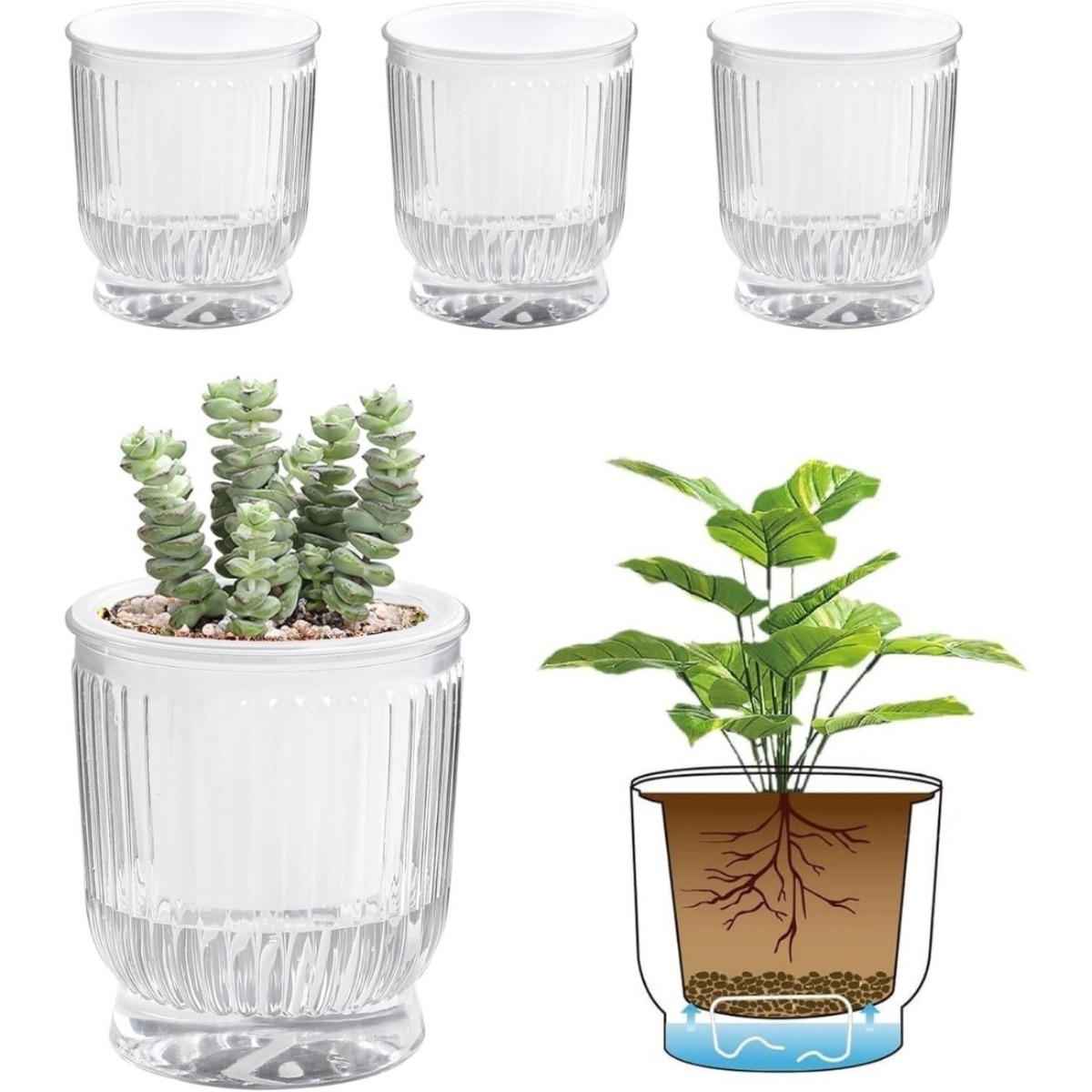 4-Piece Self-Watering Flower Pots, 10 cm – Flower Pot Set With Cotton Rope And Deep Water Reservoir, Transparent, For Orchids, Herbs, And Houseplants