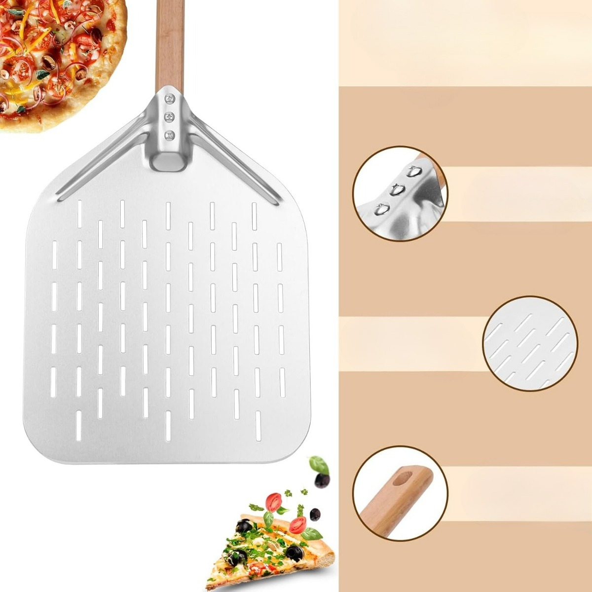 Kurzer Edelstahl Pizzaschieber mit Holzgriff und Lochmuster, 74 cm – Ideal für Pizza-Partys und Servieren - Thumbnail 2