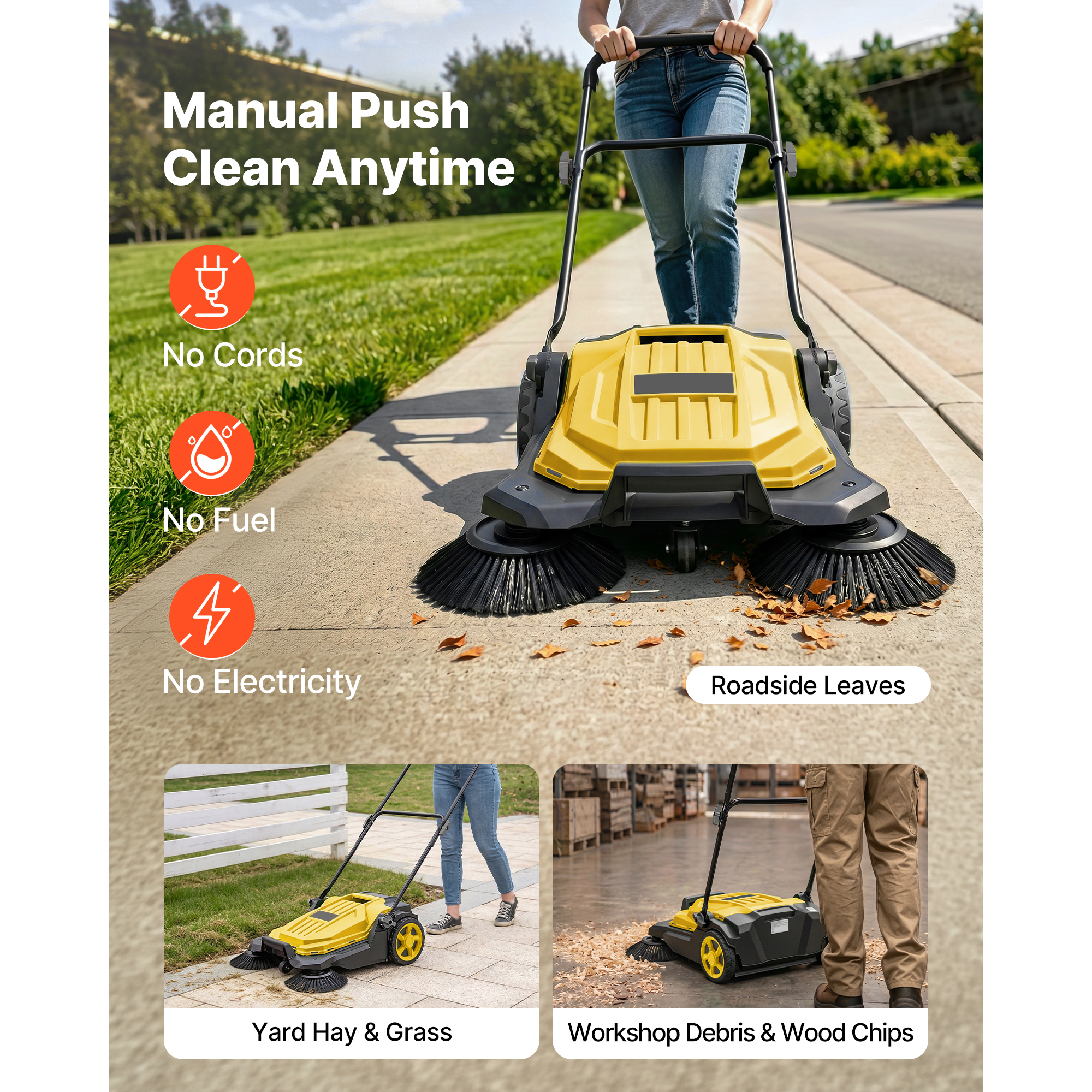 Walk-Behind Hand Push Floor Sweeper, Manual Floor Sweeper Non-Electric With 25.6" Sweeping Width, 5 Gallons Waste… - 5