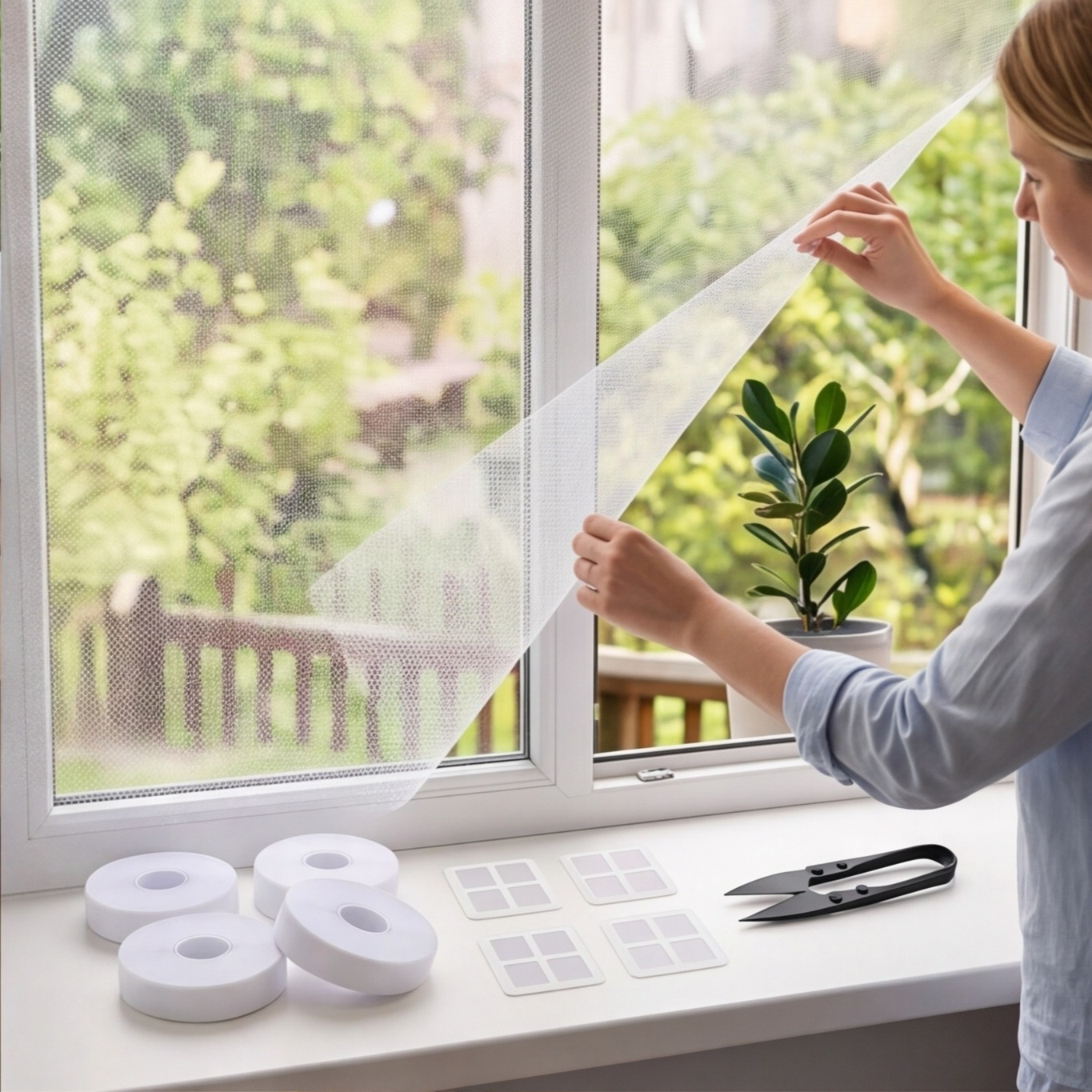 4-Piece Window Mosquito Screen Set With 1 Roll Of Velcro Tape & 2 Packs Of Mosquito Screen Repair Patches (3 Pieces/pack), Summer Insect Protection