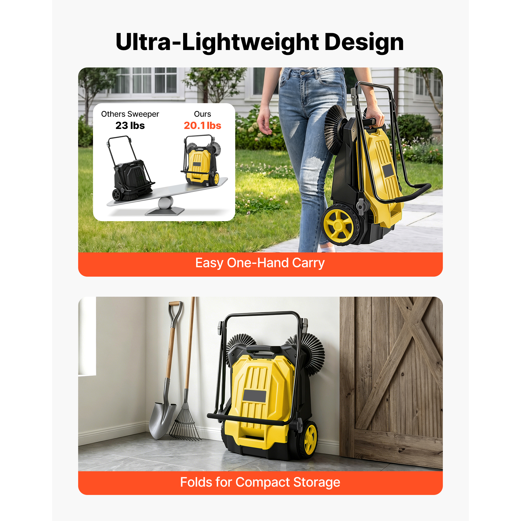 Walk-Behind Hand Push Floor Sweeper, Manual Floor Sweeper Non-Electric With 25.6" Sweeping Width, 5 Gallons Waste… - 7