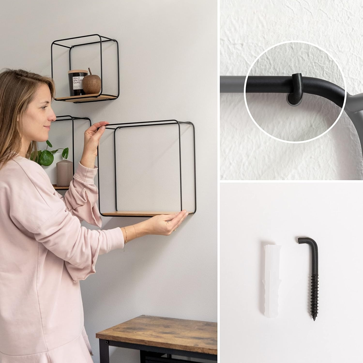 Set Of 3 Wall Shelves (Metal And Wood, Black); 22x22x12 Cm, 27x27x12 Cm, 32x32x12 Cm; For Storage And Decor 2